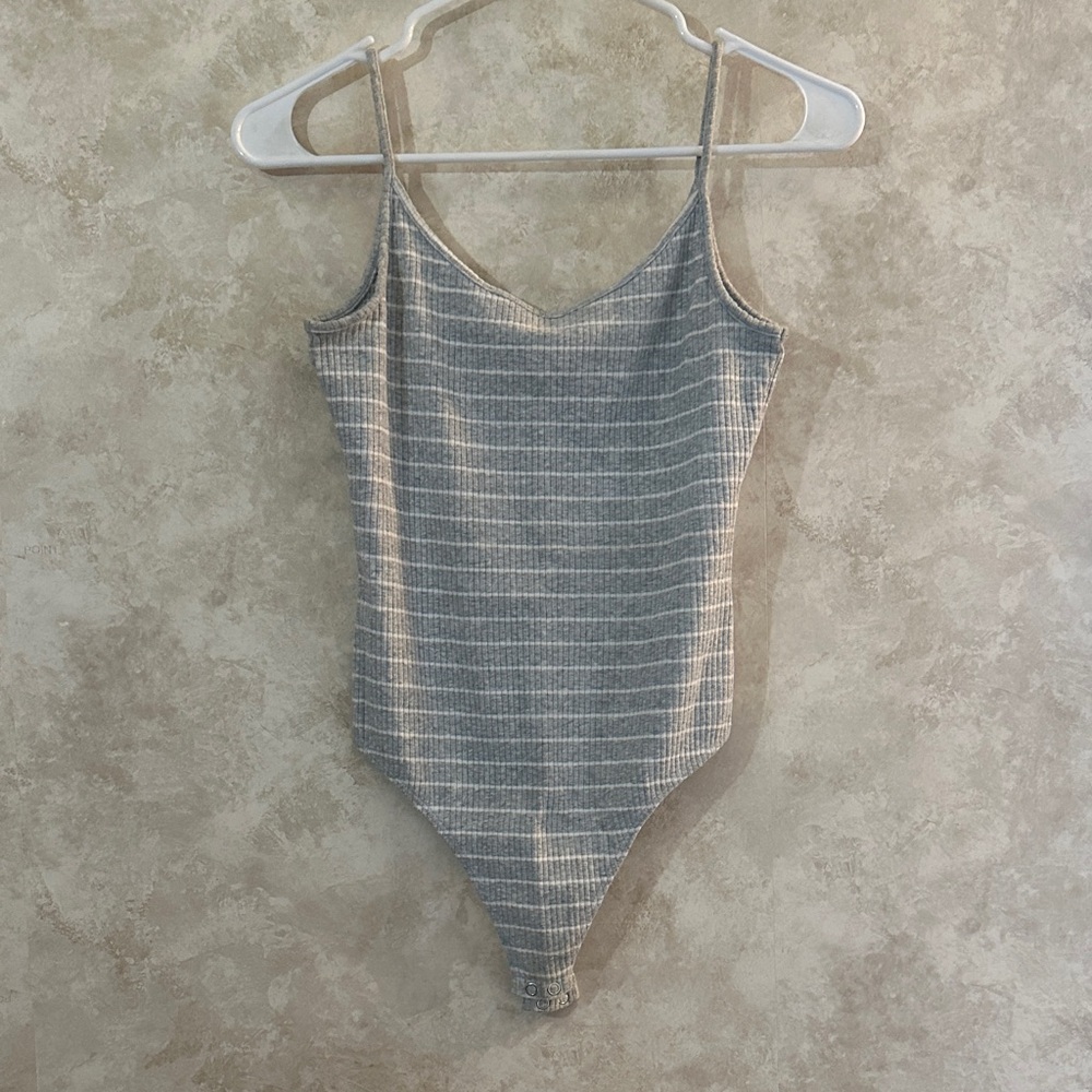 Striped Gray Ribbed Hi Cut Bodysuit